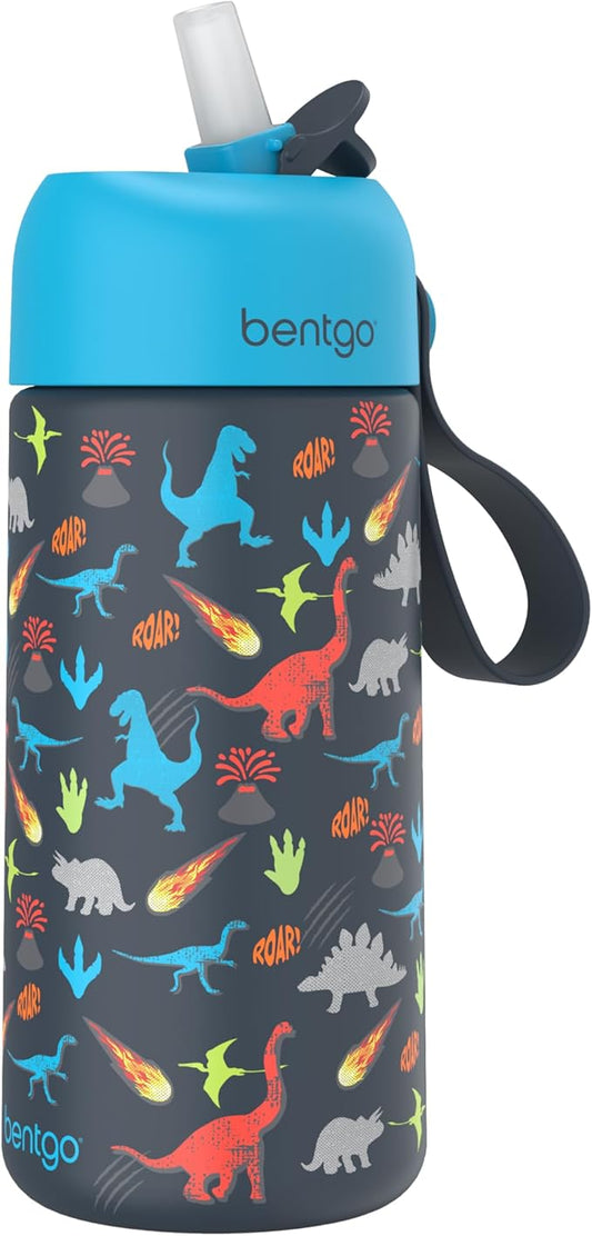 Bentgo® Kids Stainless Steel Insulated Water Bottle - Leak-Proof; Keeps Cool for 12 Hours; Durable, BPA-Free, Dishwasher Safe 14 oz. Cup for Ages 3+ for School/Sports/Daycare (Dinosaur)