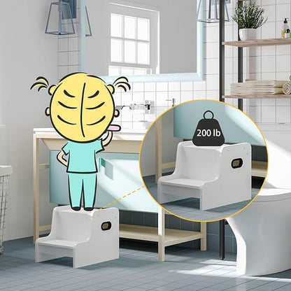 HOOBRO Step Stool for Kids, Two Step Toddler's Stool, Kids Potty Training Stool with Handles, Non-Slip Pads for Safety, Easy to Move, for Sink, Bathroom, Bedroom, White WT01JD01G1