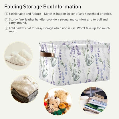 Lavender Flowers Storage Basket Fabric Storage Bin Laundry Baskets, Leaves Green Purple Foldable Storage Boxes Organizer Bag for Baby Cloth Dog Toy Book Storage Cubes Shelf Closet Basket 16×12×8