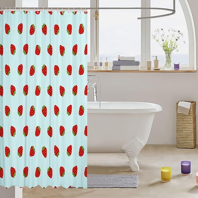 Feelyou Strawberry Fabric Shower Curtain Teal Blue Kawaii Girly Shower Curtain for Kids Boys Girls Kawaii Strawberry Bathroom Waterproof Accessories with 12 Hooks Kawaii Lovely Curtains,72x72 Inches