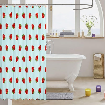 Feelyou Strawberry Fabric Shower Curtain Teal Blue Kawaii Girly Shower Curtain for Kids Boys Girls Kawaii Strawberry Bathroom Waterproof Accessories with 12 Hooks Kawaii Lovely Curtains,72x72 Inches