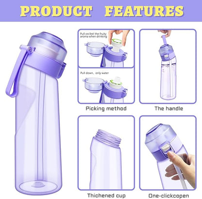 Water Bottle with Flavor Pods 21.9 Oz/650ml Fruit Fragrance Water Bottle Recyclable Sports Air Water Cup Scented Pods for Outdoor (Purple 650ML)