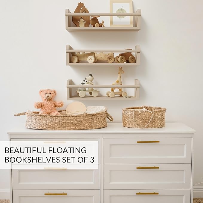 Decorative Nursery Bookshelves for Kids - Set of 3 Easy to Install Floating Shelves for Wall Mount - Beautiful Hanging Organizer Furniture for Your Baby Boy or Girl's Bedroom and Play Room Decor
