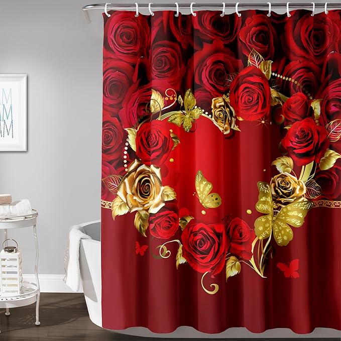 AILONEN Red Rose Couple Shower Curtain,Red and Gold Hearts Printed Bath Curtain,Modern Waterproof Luxury Rose Themed Bathroom Decor, 72" W x 72" H