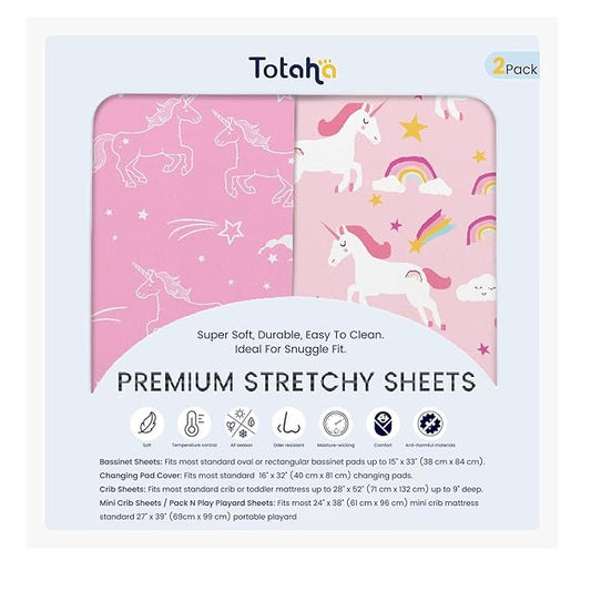 TotAha Premium Soft Unicorn Pack n Play Sheets, Super Stretchy Jersey Knit Mini Crib Sheets Fitted, Silky Comfort Graco Pack and Play Mattress Sheets, 2 Pack