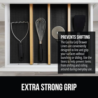 Gorilla Grip powerGRIP Drawer Shelf and Cabinet Liner, Thick Strong Hold, Non-Adhesive Liners Protect Kitchen Cabinets and Cupboard, Bathroom Drawers, Easy Install, Breathable Mat, 12" x20', Black