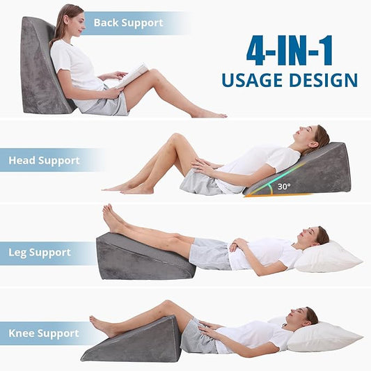 Sasttie Wedge Pillow for Sleep Apnea, 12 Inch Memory Foam Bed Wedge Pillow for Acid Reflux Relief, 30 Degree Triangle Incline Pillow Wedge for Sleeping with Removable Cover, Solid Deep Gray