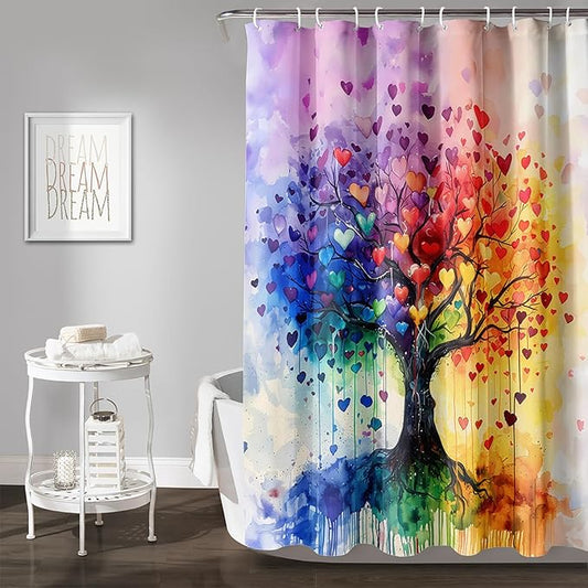 AILONEN Tree of Life Shower Curtain for Bathroom,Watercolor Hearts Tree Printed Waterproof Bath Curtain,Colorful Tree Leaves of Life Abstract Boho Shower Curtain 72" W x 78" H