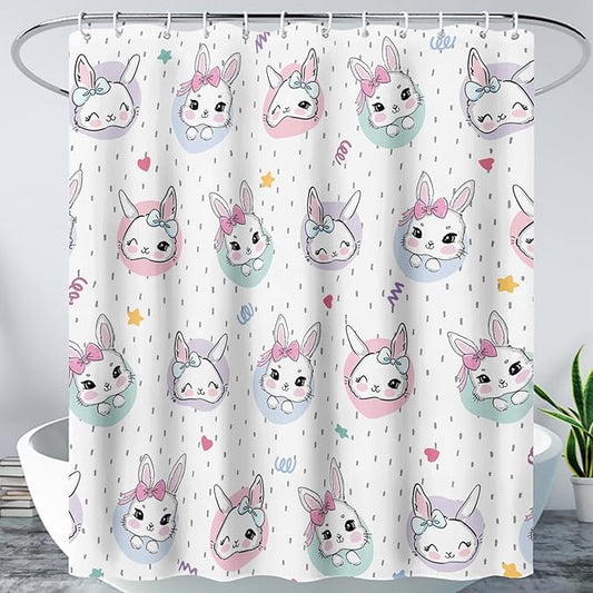 AILONEN Cute Rabbit Shower Curtain, Cartoon Kawaii Bunny Shower Curtain for Bathroom,Modern Minimalist White Waterproof Fabric Shower Curtain Set with Hooks 72" W*84" H