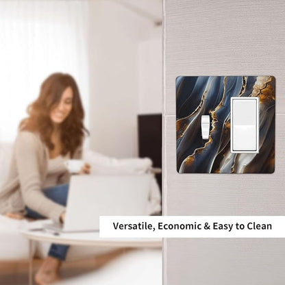 Gradient Abstract Ripple Blue Gold Marble Printed 2 Gang Single Toggle Rocker Combination Light Switch Covers Wall Plate Cover Electrical Faceplate Decorative Switchplate for Kitchen Bathroom Decor