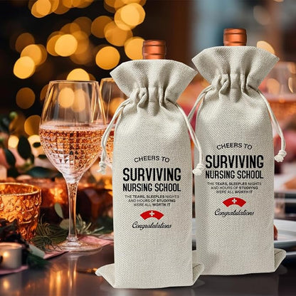 Nurse Graduation Gift Wine Bag, Nursing School Graduation Party Decor, Cheers To Surviving Nursing School, Nurse Appreciation Gifts For Rn Nurses Practitioner, Reusable Burlap Wine Bag