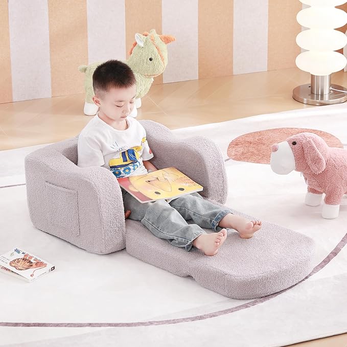 Tiita Kids Sofa, 2-in-1 Kids Sofa Chair, Convertible Chirldren Couch to Lounger, Flip Out Kids Sofa Chair, Toddler Armrest Chair Bed, Folding Kids Play Sofa for Girl or Boy, Grey