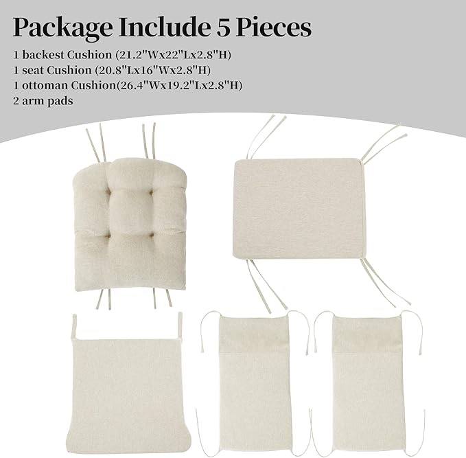 HOMBYS 5 PCS Glider Rocker Replacement Cushions with Storage Side Pocket,Linen-Like Fabric, Foam & Microfiber Filling, Non-Slip & Washable,Thickened & Supportive for Glider Rocking Chair, Khaki