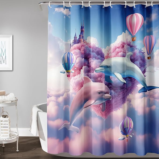 AILONEN Cute Dolphin Shower Curtain,Romantic Pink Sky Clouds Hearts Print Bath Curtain,Blue and Pink Dolphin Shower Curtain Waterproof for Bathroom Decor with 12 Plastic Hooks, 72" W*72" H