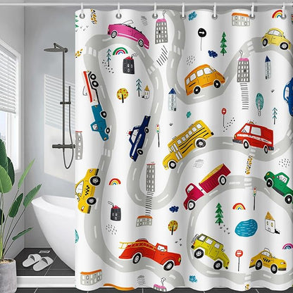AILONEN Construction Shower Curtain, Truck Fire Engine Police Car Bath Curtain for Kids Boys,Red Yellow Blue Truck Car Bathroom Decor Waterproof Fabric 72" W*78" H Inch with 12 Plastic Hooks