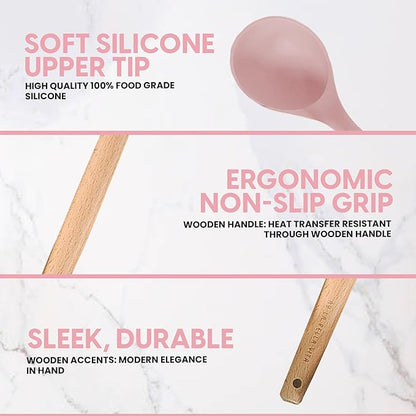 Silicone Utensil Set, 12 PCS Wooden Handle Nontoxic BPA Free 100% Food Grade Silicone Spoon Spatula Ladle Turner Tongs Kitchen Gadgets Utensil Set for Nonstick Cookware (Pink)