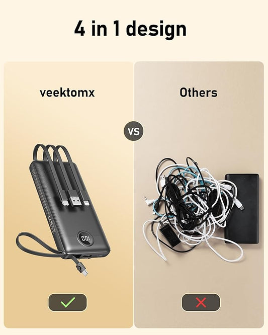 VEEKTOMX Portable Charger with Built-in Cables, 10000mAh Power Bank for iPhone, Slim Fast Charge USB C Battery Pack, Travel Essentials Powerbank Compatible with iPhone 15/14/13, Samsung, Android, etc