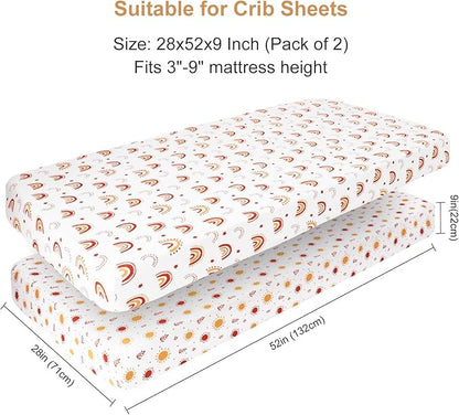 PHF Soft Crib Sheet Fitted, 2 Pack Baby Sheets for Boys Girls, 28x52x9in Fits Standard Crib and Toddler Mattresses, Silky Comfy Breathable Polyester Baby Mattress Sheets, Rainbow