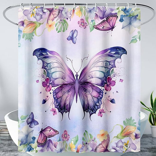 AILONEN Butterfly Shower Curtain for Bathroom, Purple Butterfly Bath Curtain Decor,Modern Printed Waterproof Shower Curtain with 12 Plastic Hooks (Kids/Girls/Women/Teen/) 36" W*72" H
