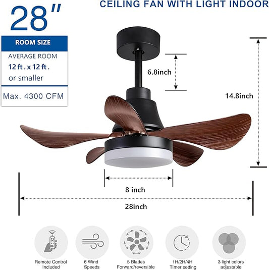 NicBex Ceiling Fan 28 Inch Ceiling Fan with Lights Ceiling Fans with 5 ABS Blades and Remote Control DC Motor Ceiling Fan with Down Rod Mount for Bedroom, Living Room, Brown