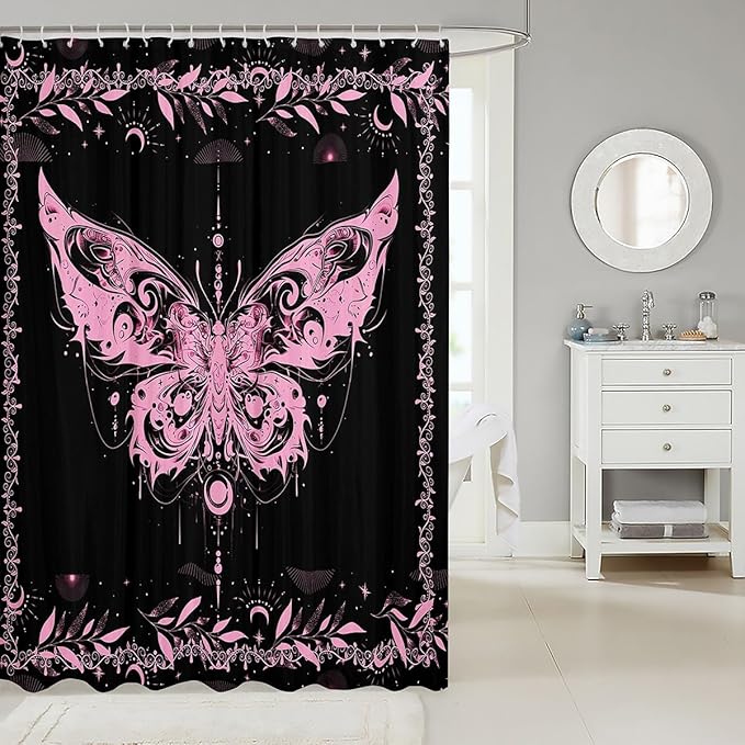 Feelyou Boho Pink Butterfly Bathroom Waterproof Accessories with 12 Hooks Bohemian Moth Shower Curtain for Kids Boys Girls Moon Galaxy Fabric Shower Curtain Black and Pink Curtains,72X78 Inches
