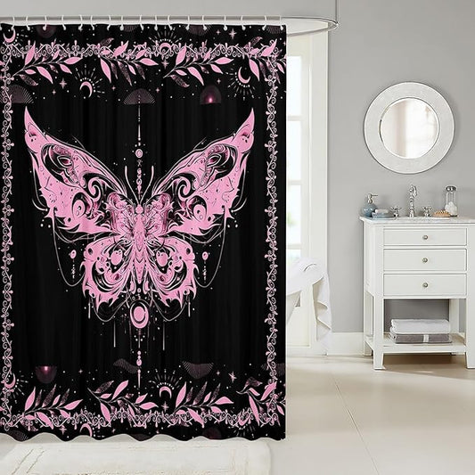 Feelyou Boho Pink Butterfly Bathroom Waterproof Accessories with 12 Hooks Bohemian Moth Shower Curtain for Kids Boys Girls Moon Galaxy Fabric Shower Curtain Black and Pink Curtains,72X78 Inches