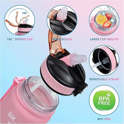 Mom 32 oz Water Bottle with Times Marker to Drink and Straw, Carrying Strap, Leakproof Tritan BPA-Free, Ensure You Drink Enough Water for Fitness, Gym, Camping, Outdoor Sports