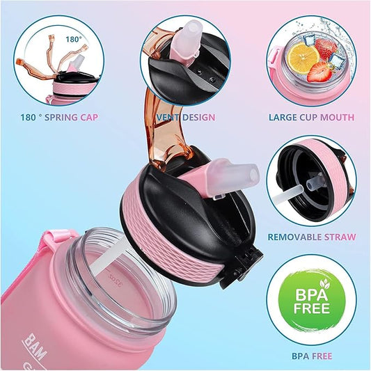 Mom 32 oz Water Bottle with Times Marker to Drink and Straw, Carrying Strap, Leakproof Tritan BPA-Free, Ensure You Drink Enough Water for Fitness, Gym, Camping, Outdoor Sports