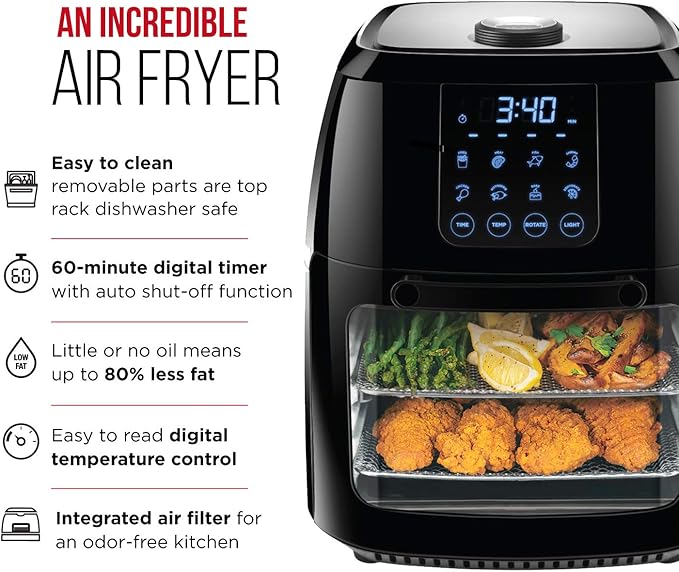 Chefman 6.3-Qt 4-In-1 Digital Air Fryer+, Rotisserie, Dehydrator, Convection Oven, XL Family Size, 8 Touch Screen Presets, BPA-Free, Auto Shutoff, Accessories Included, Black