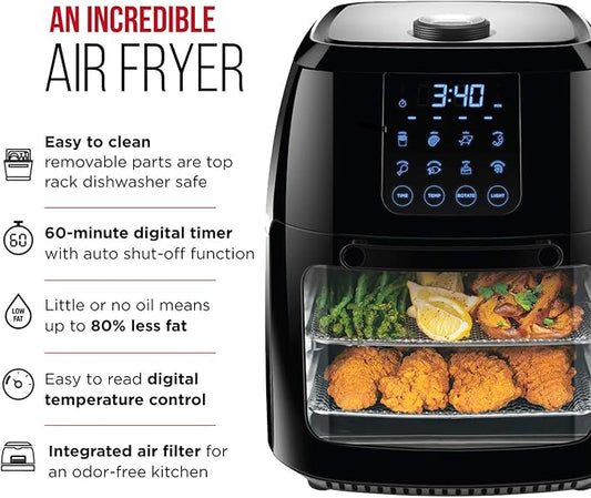 Chefman 6.3-Qt 4-In-1 Digital Air Fryer+, Rotisserie, Dehydrator, Convection Oven, XL Family Size, 8 Touch Screen Presets, BPA-Free, Auto Shutoff, Accessories Included, Black