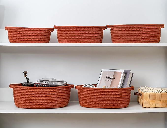 CubesLand Small Shelf Shelves Closet Basket,Woven Toy Basket Bin for Organizing,Storage Cube Organizer Basket Bin,Cute Rope Gifts Basket,Dog Cat Toy Basket Box,Over Toilet Storage Basket,Rust 5-Piece