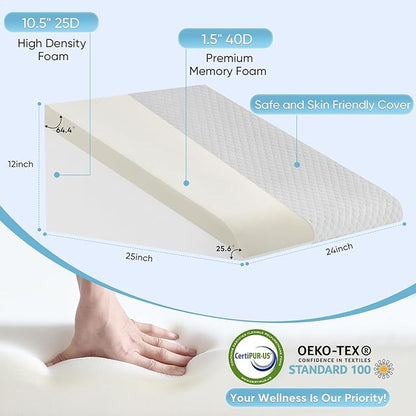 Forias Wedge Pillow for Sleeping 12" Bed Wedge Pillow for After Surgery Triangle Pillow Wedge for Acid Reflux Gerd Snoring Post Surgery Leg Back Pain Relief - Soft Memory Foam Top & Washable Cover