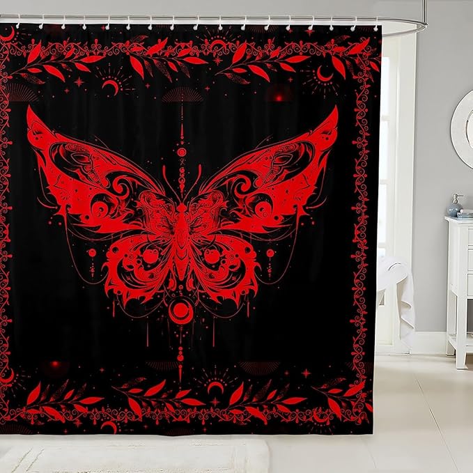 Feelyou Boho Red Butterfly Fabric Shower Curtain Bohemian Moth Shower Curtain for Kids Boys Girls Moon Galaxy Bathroom Waterproof Accessories with 12 Hooks Black and Red Curtains,72X78 Inches