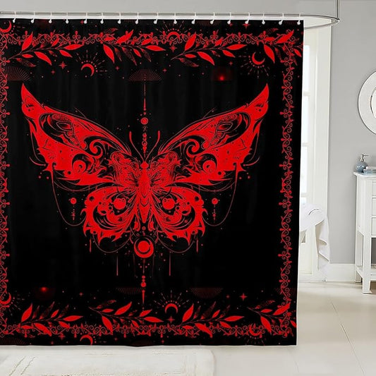 Feelyou Boho Red Butterfly Fabric Shower Curtain Bohemian Moth Shower Curtain for Kids Boys Girls Moon Galaxy Bathroom Waterproof Accessories with 12 Hooks Black and Red Curtains,72X78 Inches