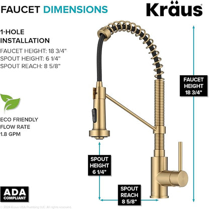 KRAUS Bolden Commercial Style Pull-Down Single Handle 18-Inch Kitchen Faucet in Brushed Brass, KPF-1610BB