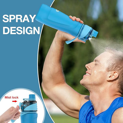 Misting Water Bottle, 24oz Insulated Water Bottle, 2-in-1 Mist & Sip Stainless Steel Water Bottles, Thermo for Hot Drinks/Cold Drinks, Sports Water Bottle for Hiking, Running, Gym, Lake Blue