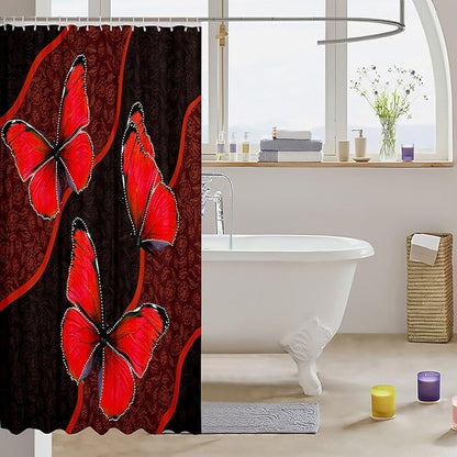 Feelyou Butterfly Shower Curtain 72"x84" Kids Butterflies Botanical Floral Print Bathroom Shower Curtain Set for Boys Girls Teens Geometric Stripes Bath Curtain Red Bathroom Accessories