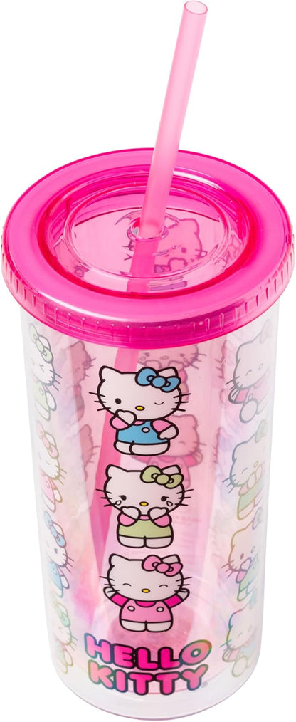 Silver Buffalo Sanrio Hello Kitty Expressions Poses Plastic Cold Cup with Lid and Straw, 20 Ounces