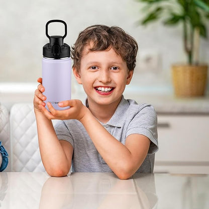 Kids Insulated Water Bottle with Straw,14oz Stainless Steel Water Bottle,BPA-free and Leak-proof,Double Wall Vacuum Water Flask for School,Gifts for Boys and Girls（14oz,Lavender）