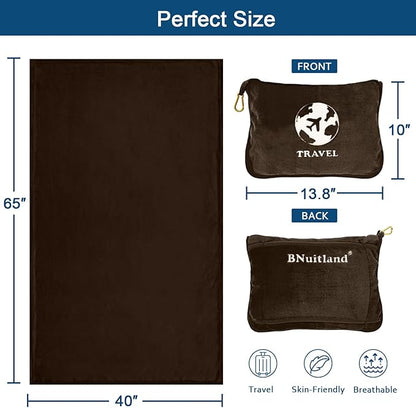 Bnuitland Travel Blanket and Pillow 2 in 1, Soft Flannel Airplane Blanket in Bag Compact-Long Flight Essential for Adults and Kids, Portable Luggage Sleeve and Backpack Clip, 65×40 inch Coffee Brown