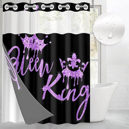 King and Queen No Hook Shower Curtain with Snap in Liner, Black and Purple Glitter Bath Curtain with Double Layers Waterproof Fabric and Mesh Top Window 71x74 Inch