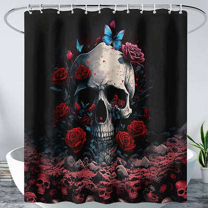AILONEN 3D Skull Shower Curtain,Oil Ren Rose with Ruins Skull Skeleton Design Shower Curtain Set for Boys Girls Teens,Gothic Skull Waterproof Fabric Shower Curtain for Bathroom,72" W*84" H