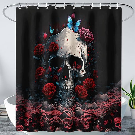 AILONEN 3D Skull Shower Curtain,Oil Ren Rose with Ruins Skull Skeleton Design Shower Curtain Set for Boys Girls Teens,Gothic Skull Waterproof Fabric Shower Curtain for Bathroom,72" W*84" H