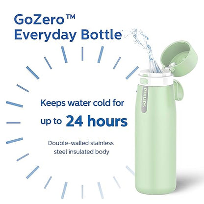 PHILIPS Filtered Water Bottle, Insulated Stainless Steel Water Purifier Bottle for Daily Life & Travel, BPA Free with GoZero Everyday Filter for Cleaner Tastier Tap Water, Keeps Cold, 18.6 oz Green