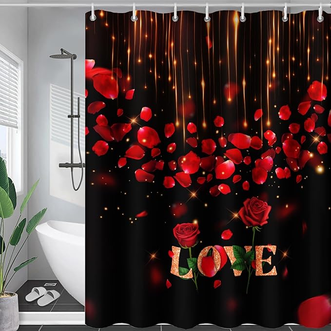 AILONEN Red Rose Flower Shower Curtain,Red and Black Shower Curtain,Romantic Flower Couple Lover Bath Curtain,Rose Themed Bathroom Decor,Waterproof 72" W x 84" H