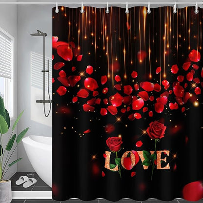 AILONEN Red Rose Flower Shower Curtain,Red and Black Shower Curtain,Romantic Flower Couple Lover Bath Curtain,Rose Themed Bathroom Decor,Waterproof 72" W x 96" H