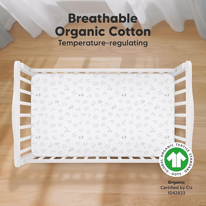 2-Pack Organic Crib Sheets for Boys, Girls - Jersey Fitted Crib Sheet, Baby Crib Sheets Neutral, Crib Mattress Sheet, Cotton Crib Sheets, Breathable Crib Sheet, Baby Mattress Sheets (ABC Land Rose)