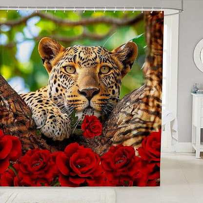Feelyou Rose Leopard Shower Curtain Leopard Bath Curtain Boys Leopard Bathroom Shower Curtain Set Kids Toddler Wild Leopard Kids Bathroom Accessories Wildlife 72"x72"