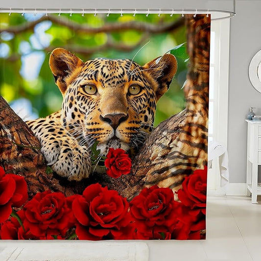 Feelyou Rose Leopard Shower Curtain Leopard Bath Curtain Boys Leopard Bathroom Shower Curtain Set Kids Toddler Wild Leopard Kids Bathroom Accessories Wildlife 72"x72"