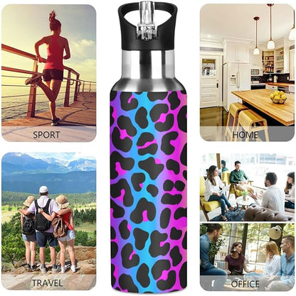 senya 34 Oz Water Bottle with Straw Leopard Print Cheetah Neon Gradient Stainless Steel Water Bottle for Traveling Sports Leakproof Insulated Water Bottle